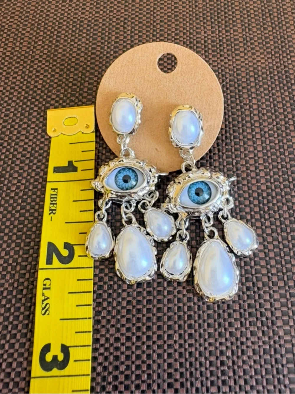 New! Silver Drop Baroque Style Pearls with Blue Evil Eye Chandelier Earrings